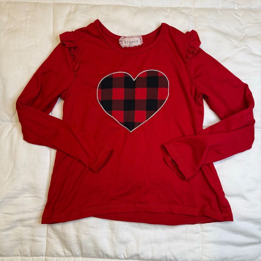 Between 6X Red Buffalo Plaid Heart Ruffle Long Sleeve Top